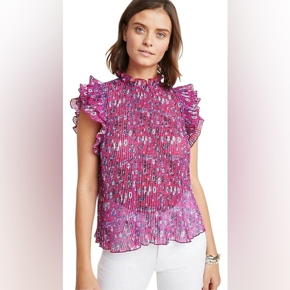 Anthropologie Pink Floral Freida Pleated Ruffle Blouse - Picture 1 of 6